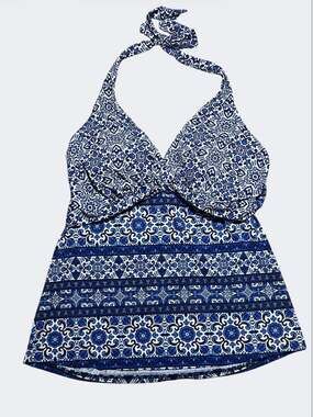 Lands' End Women's Size 16 Deep Sea Mixed Majolica Blue Halter Tankini Top